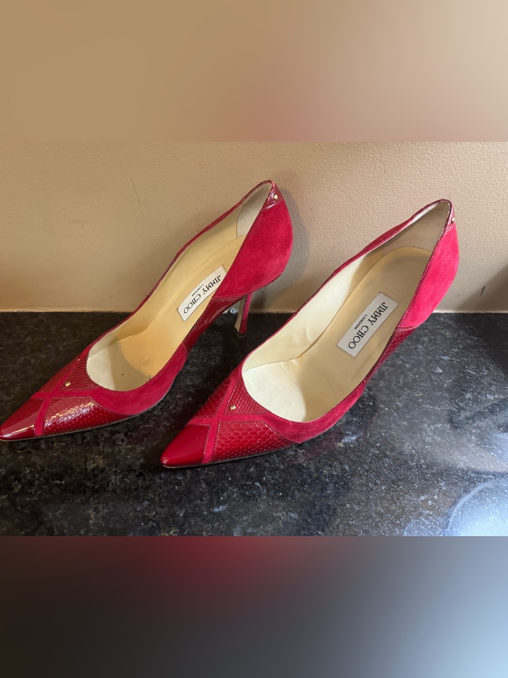 Jimmy Choo Womens Red Suede & Embossed Leather PointedToe Stiletto Pumps Size 39